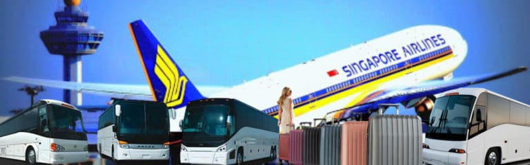 modern buses for singapore bus charter services with singapore airlines aircraft in background.