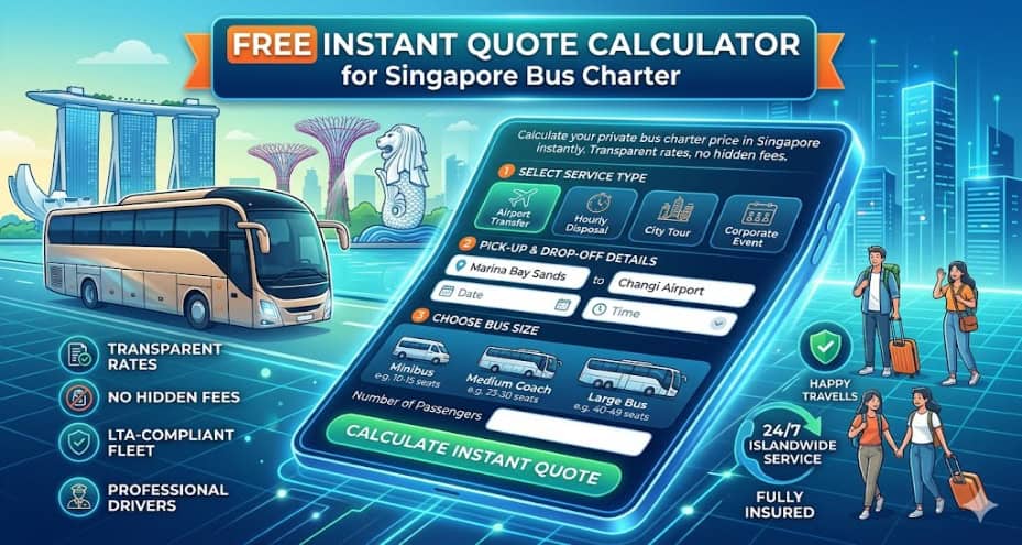free instant quote calculator for singapore bus charter calculate your private bus charter price in singapore instantly. transparent rates, no hidden fees.