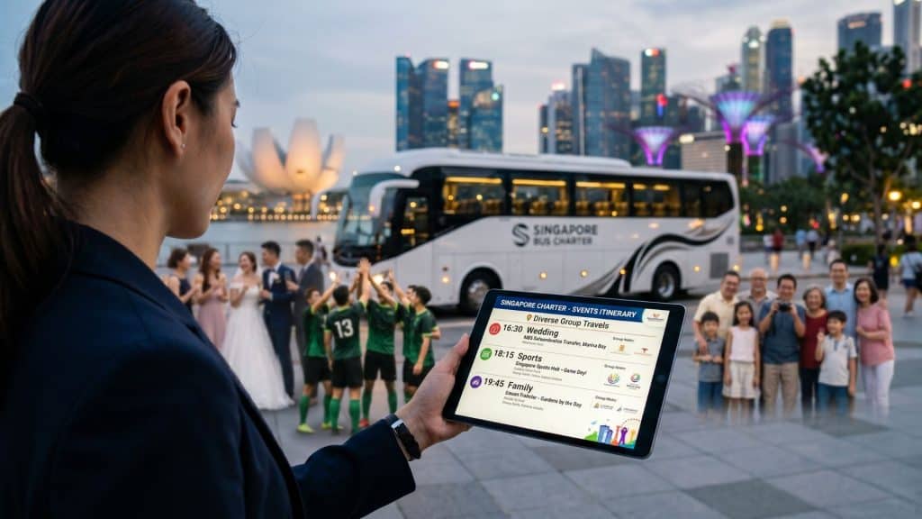 singapore bus charter for private events with city skyline backdrop.