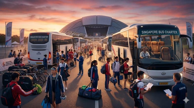 singapore bus charter at event venue with travelers and buses in front.