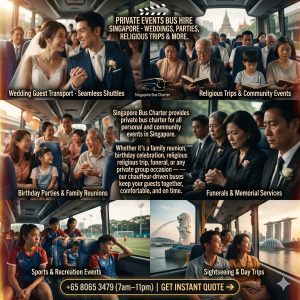 Private bus charter for weddings, religious trips, family reunions, and events in Singapore.
