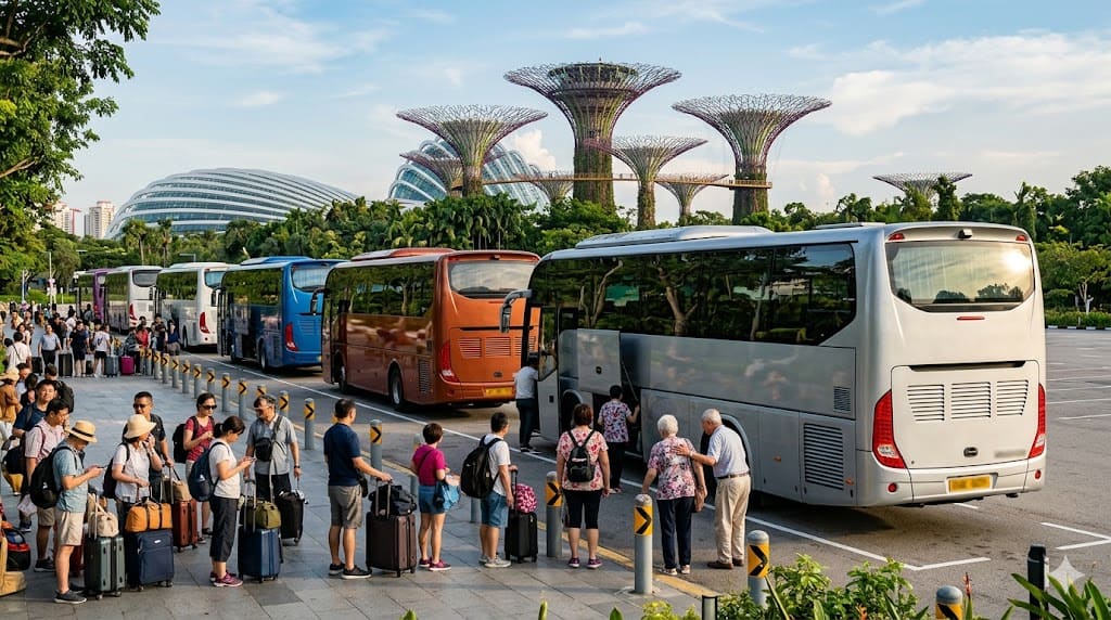 a bus terminal with multiple buses and travelers waiting, set against the iconic supertree grove in.