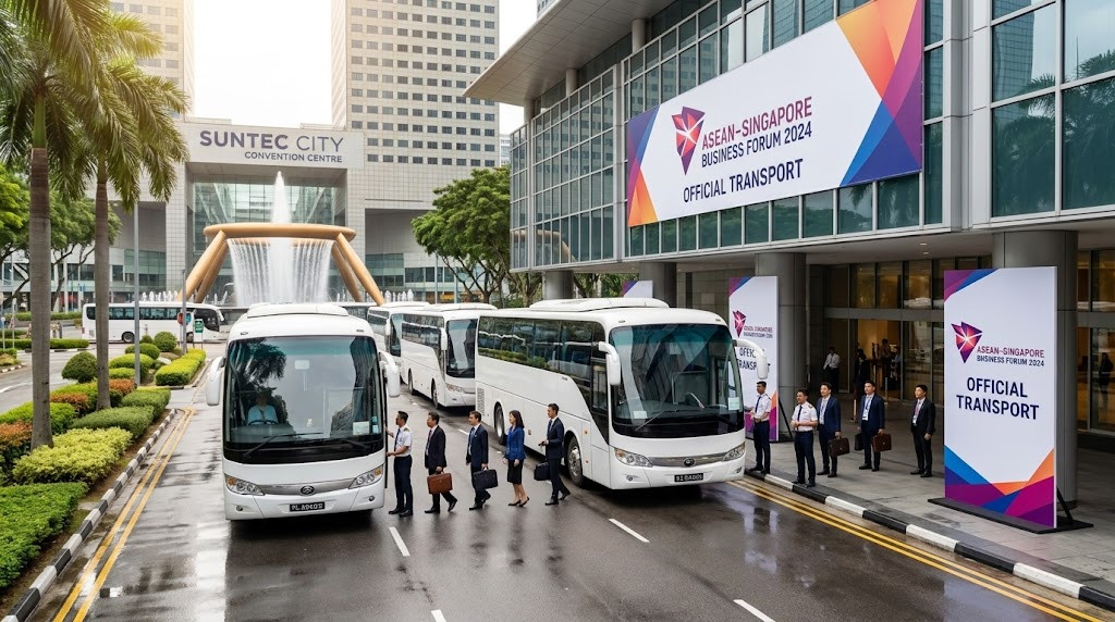 coach convoy staged outside suntec city convention centre, event delegates boarding.- singapore bus charter