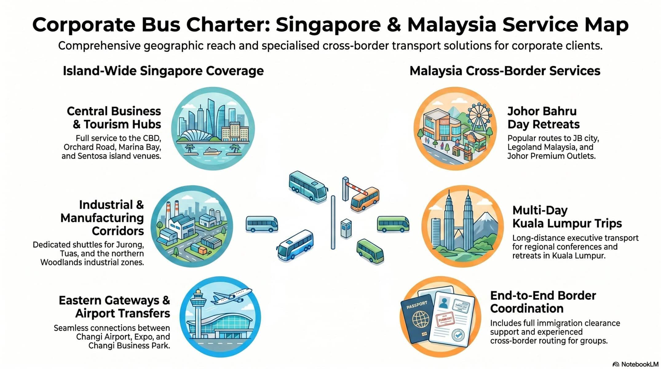 singapore district coverage map with highlighted service zones, plus a secondary panel showing the singapore-johor bahru cross-border route
