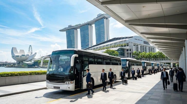 MICE conference shuttle at Marina Bay Sands, coaches lined up outside the convention entrance, corporate delegates boarding - Singapore Bus Charter