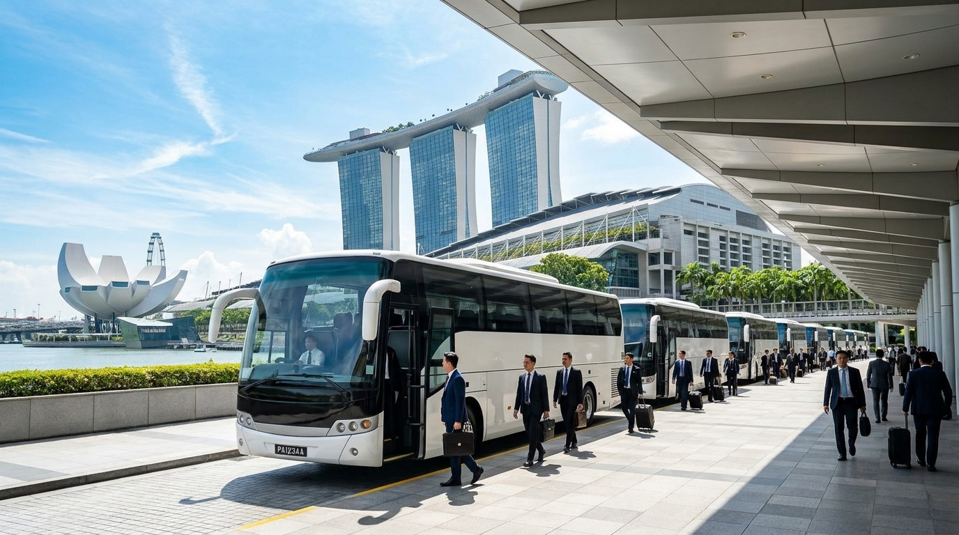 mice conference shuttle at marina bay sands, coaches lined up outside the convention entrance, corporate delegates boarding