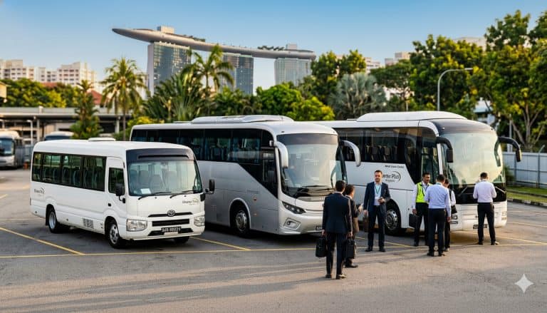 mice conference shuttle at marina bay sands, coaches lined up outside the convention entrance, corporate delegates boarding