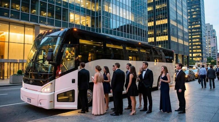 smartly dressed group boarding a coach outside a cbd office tower, evening, event attire visible.- singapore bus charter