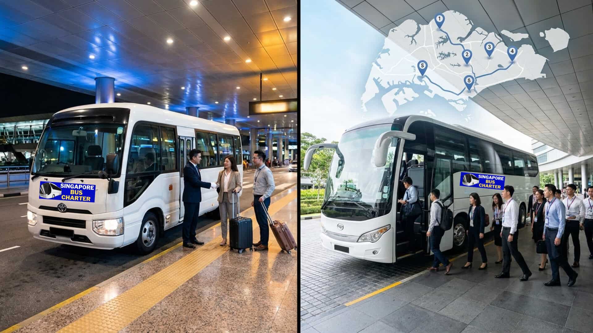 split photo of bus charter singapore — left single airport pickup right multi-stop corporate event route