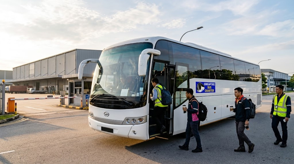 staff boarding a 45-seater coach at an industrial estate entrance, morning light, hi-vis vests visible in background