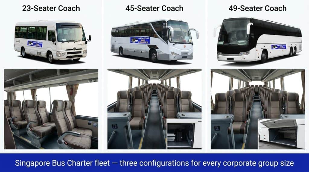 23-seater, 45-seater, and 49-seater coaches side by side, with interior shots of reclining seats, usb ports, and luggage space