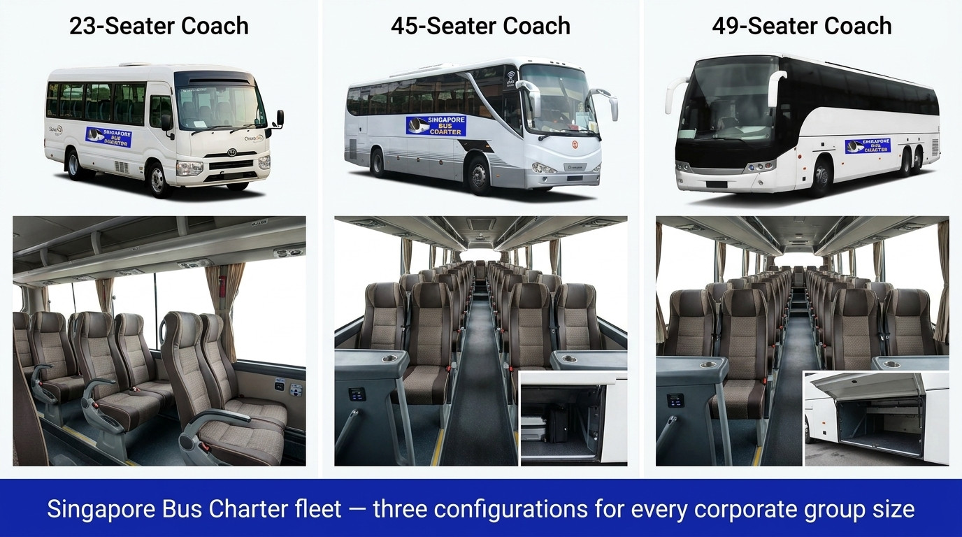 three-panel vehicle comparison image showing 23-seater, 45-seater, and 49-seater coaches side by side, with interior shots highlighting reclining seats, usb ports, and luggage space.