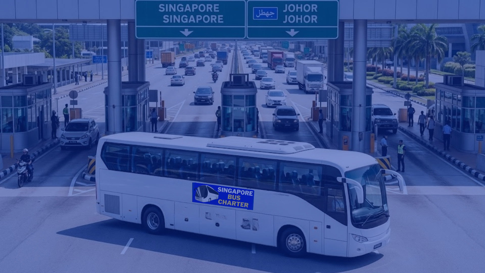 a pristine, modern white 45-seater luxury passenger coach driving through the multi-lane johor bahru customs checkpoint during a bright, sunny day