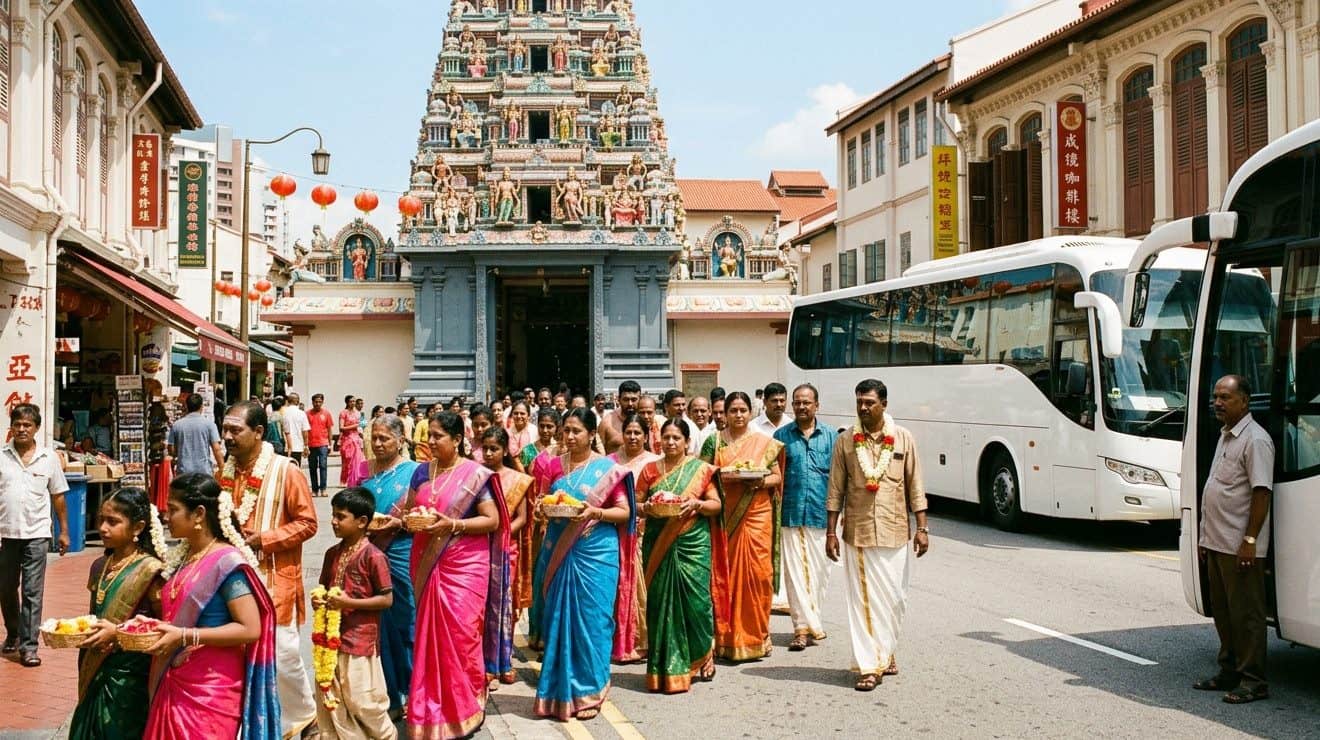 vibrant group of tourists and locals in traditional attire visiting a historic temple in singapore.