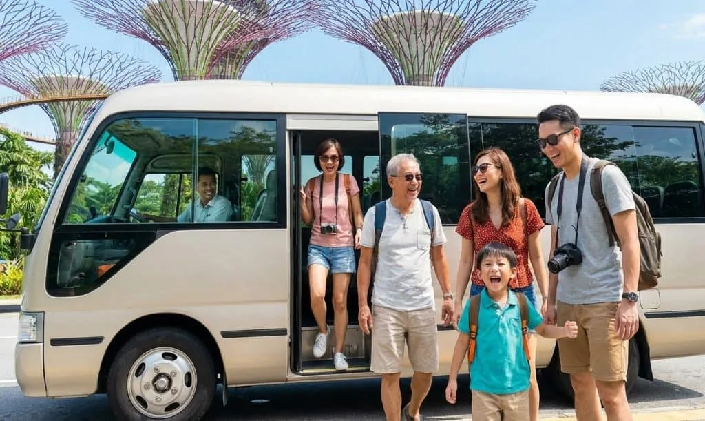 family group on a sightseeing bus charter in singapore