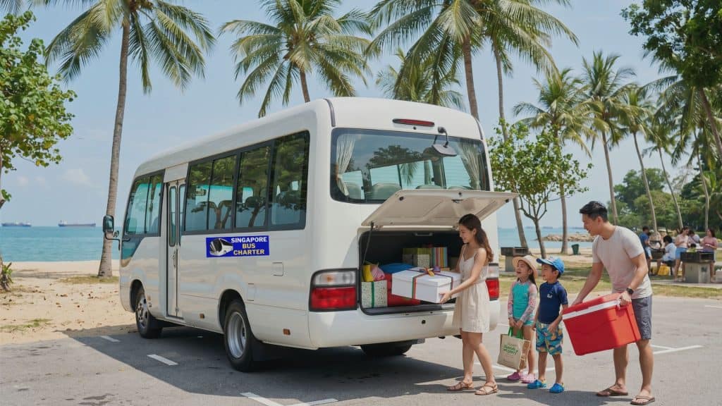Singapore bus charter for group travel on tropical beach with palm trees.