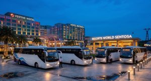 bus charter fleet parked outside resort world sentosa_singaporebuscharter.com
