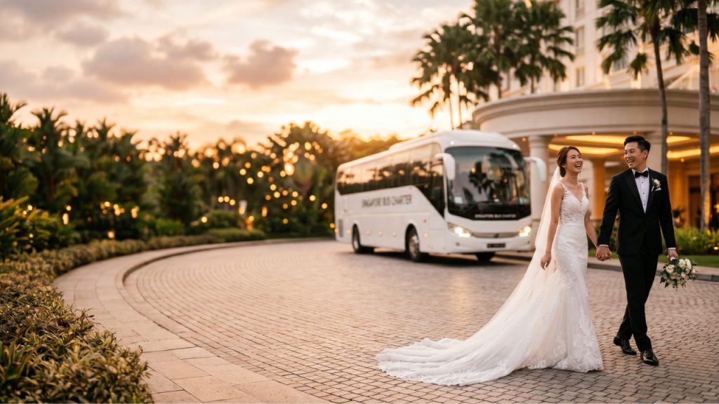 Luxury wedding couple with a bus in Singapore at sunset, elegant transportation for special events.