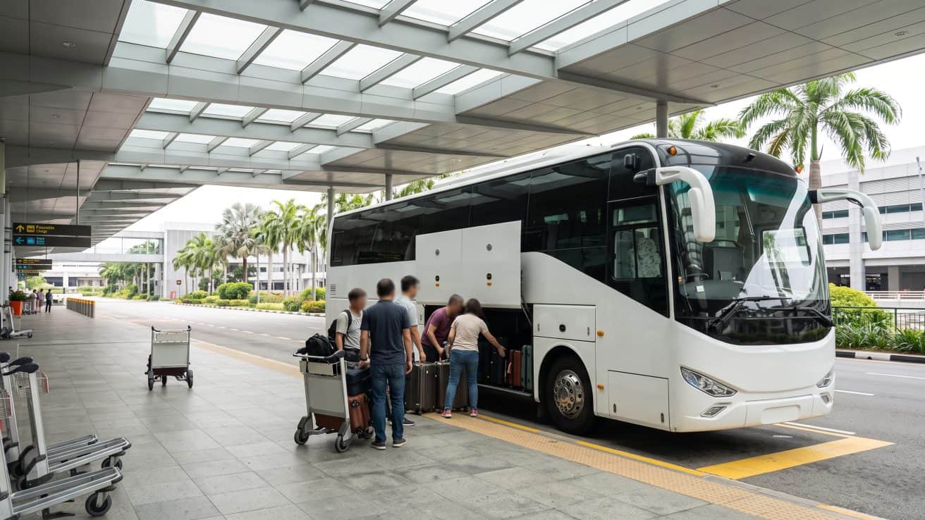 a coach at changi airport arrivals with passengers and luggage