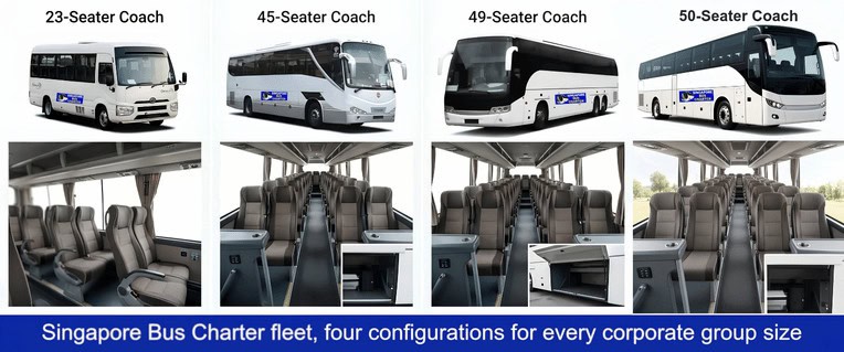 23-seater, 45-seater, 49-seater and 50-seater coaches side by side with interior views, singapore bus charter fleet